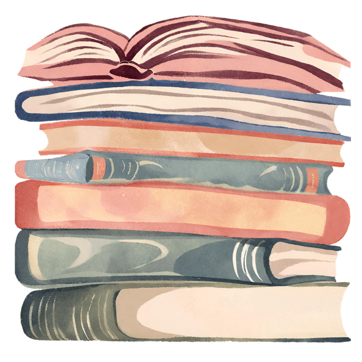 A stack of books painted in watercolor style